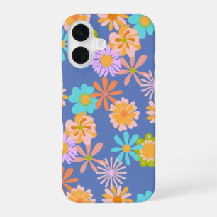 Retro Hippie Bloempatroon in Blauw iPhone 16 Hoesje