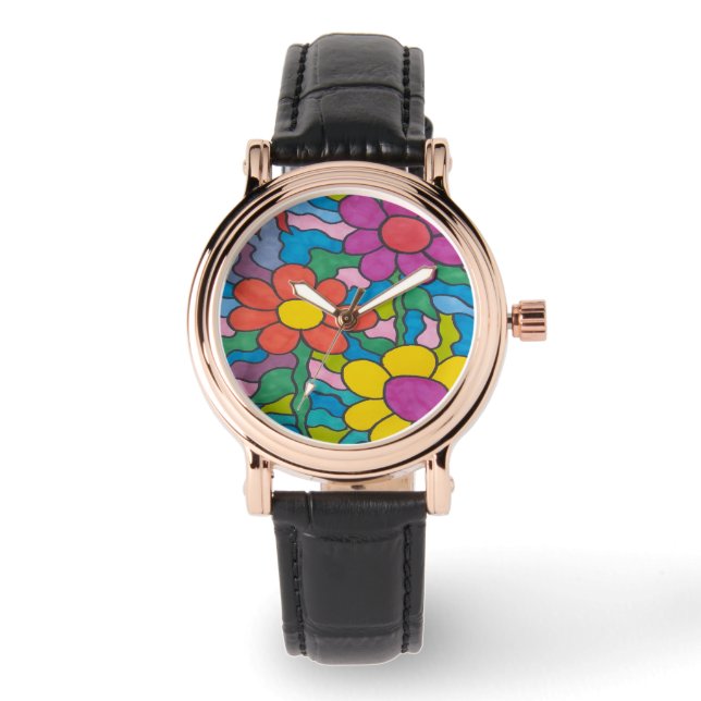 Retro Hippie Flower Art Horloge (Voorkant)