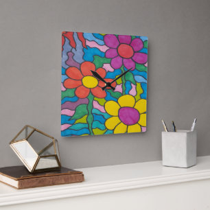 Retro Hippie Flower Art  Vierkante Klok
