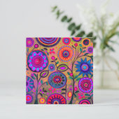  Retro Hippie Flower pattern Hot Pink Feestdagenkaart (Staand voorkant)