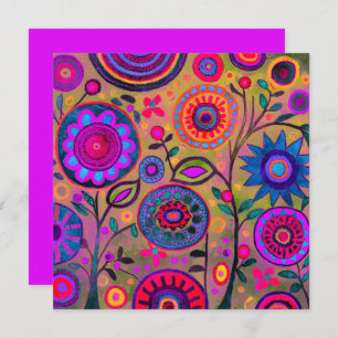  Retro Hippie Flower pattern Hot Pink Feestdagenkaart