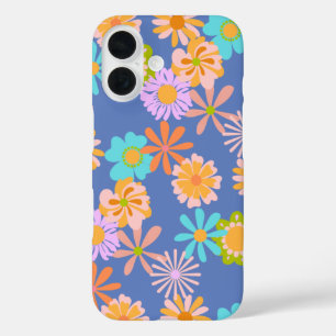 Retro Hippie Flower Pattern in Blue iPhone 16 Hoesje