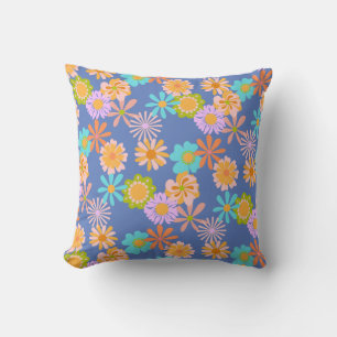 Retro Hippie Flower Pattern in Blue Kussen