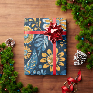 Retro Hippie Flowers Design Geel Blauw Cadeaupapier