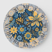 Retro Hippie Flowers Design Geel Blauw Grote Klok (Voorkant)