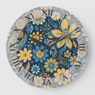 Retro Hippie  Flowers Design Geel Blauw Grote Klok