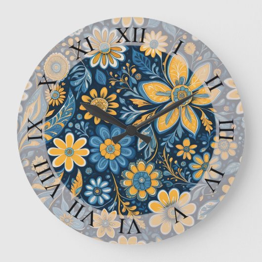 Retro Hippie Flowers Design Geel Blauw Grote Klok (Voorkant)
