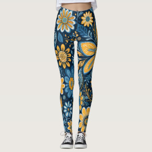 Retro Hippie Flowers Design Geel Blauw Leggings