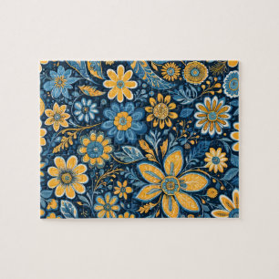 Retro Hippie  Flowers Design Geel Blauw Legpuzzel
