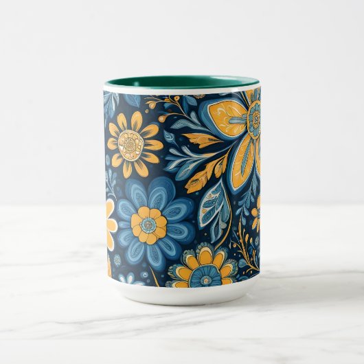 Retro Hippie  Flowers Design Geel Blauw Mok (Midden)