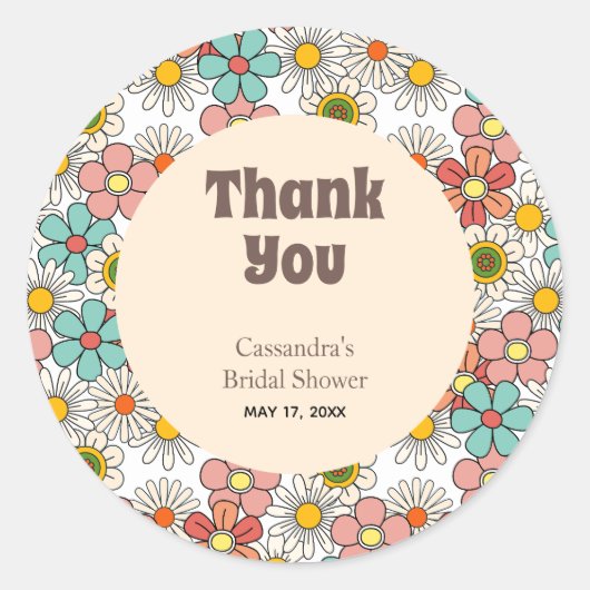 Retro Hippie Groovy Bloem Bruiloft Feest Bedankt Ronde Sticker (Voorkant)