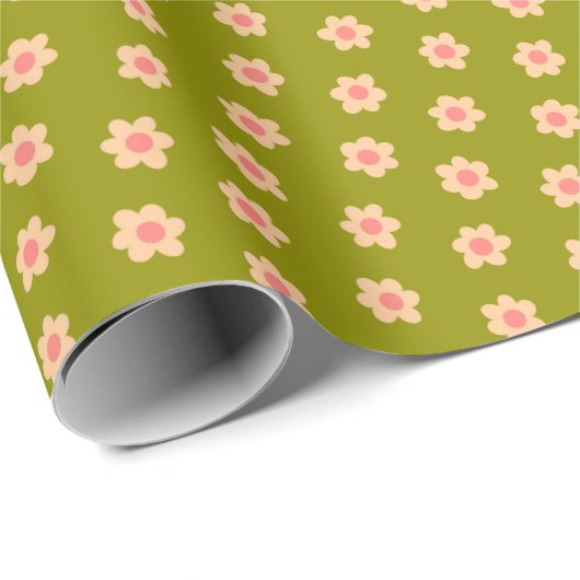 Retro Hippie Olijf Groen Bloemen Wrapping Papier (Rol Hoek)