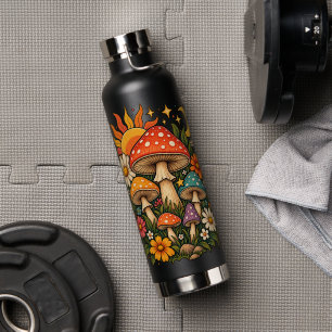 Retro Hippie Paddenstoel & Wilde Bloem Illustratie Waterfles