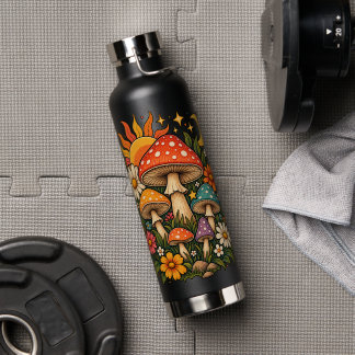 Retro Hippie Paddenstoel & Wilde Bloem Illustratie Waterfles