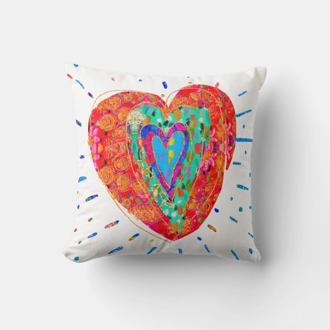 Retro Hippie Red Pink Turquoise Waterverf Heart Kussen (Voorkant)