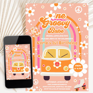 Retro Hippie Regenboog Eén Groovy Babe 1e Verjaard Kaart