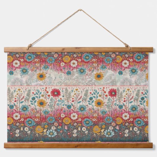 Retro Hippie: Rode bloementuin Hangend Wandkleed (Voorkant)