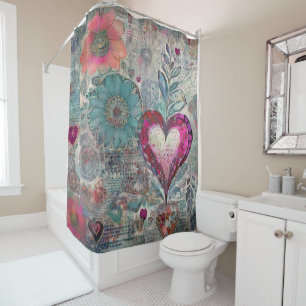 Retro Hippie: Roze Hart Douchegordijn