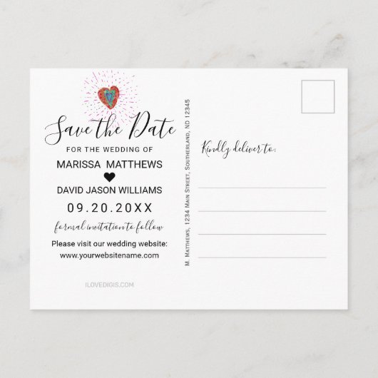 Retro Hippie Roze Turquoise Hart Save the Date Aankondigingskaart (Achterkant)