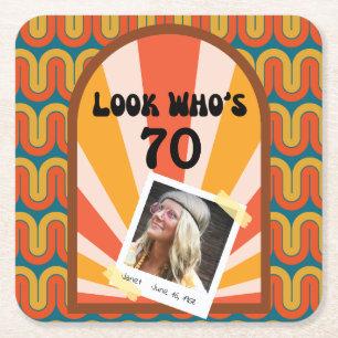 Retro Hippie Sunrise Foto Verjaardagspapier Onderz Vierkante Kartonnen Onderzetter