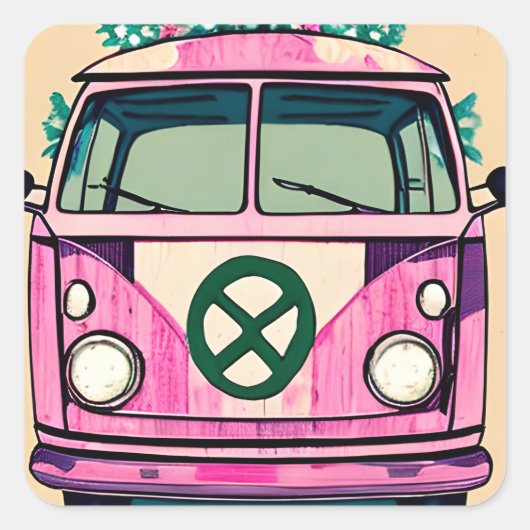 Retro Hippie Van Bloemen Kleuren Kunst Vierkante Sticker (Voorkant)