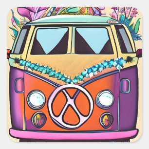 Retro Hippie Van Flowers Kleuren Kunst Vierkante Sticker