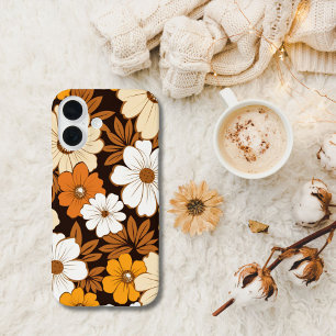 Retro Hippiebloemen Beige Geel Bruin Sinaasappel iPhone 16 Hoesje