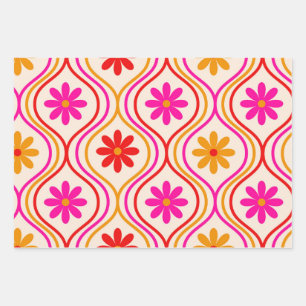 Retro Hippiebloemen op rood Sinaasappel Roze Ogee Inpakpapier Vel