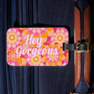 Retro Hippy Oranje roze bloemen Bagagelabel