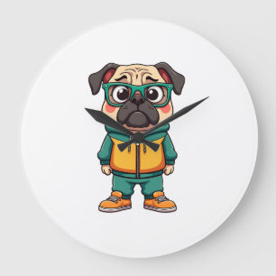 Retro Hipster Pug Hond Cartoon Streetwear Grafisch Grote Klok