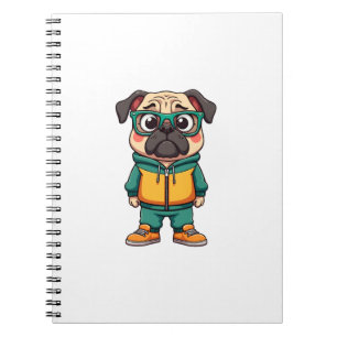 Retro Hipster Pug Hond Cartoon Streetwear Grafisch Notitieboek
