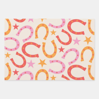 Retro hoefijzerpatroon met sterren in oranje roze inpakpapier vel
