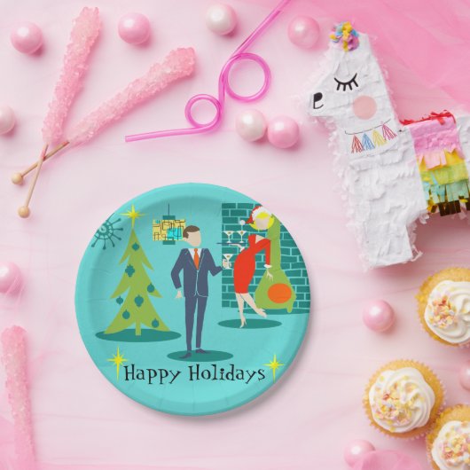 Retro Holiday Cartoon - Borden met enkelvoudig pap Papieren Bordje (Feest)