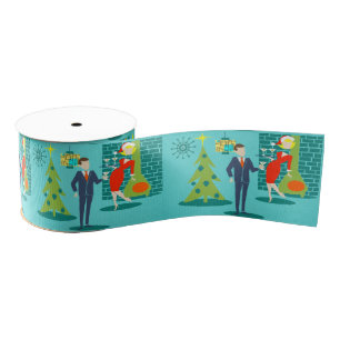 Retro Holiday Cartoon met kerstcadeau Grosgrain Lint