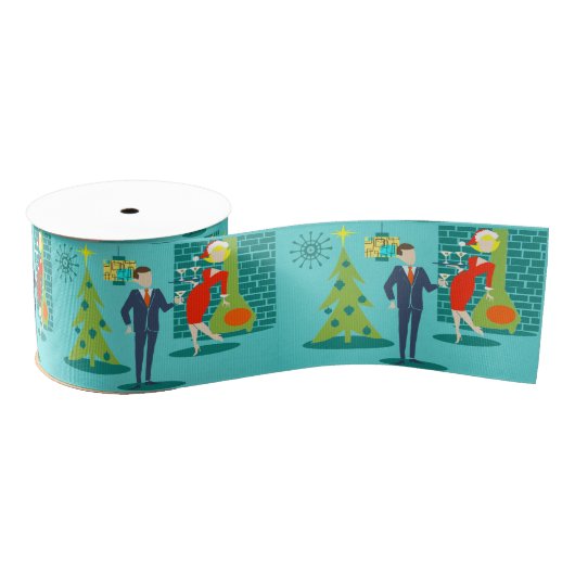 Retro Holiday Cartoon met kerstcadeau Grosgrain Lint (Spoel)