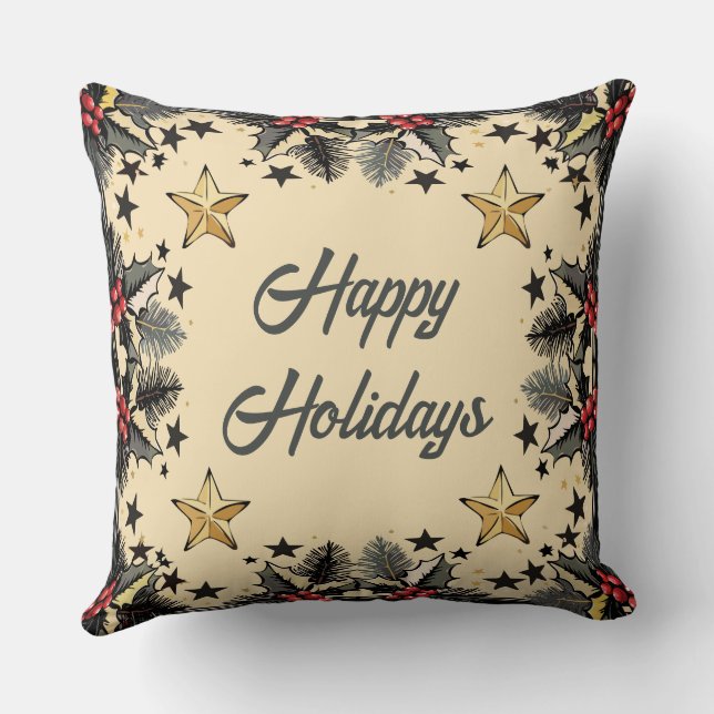 Retro Holly Berries en Evergreen Sierkussen (Achterkant)