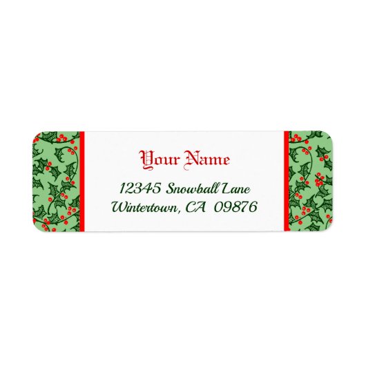 Retro Holly met Red Berries op Green Editable Etiket (Voorkant)