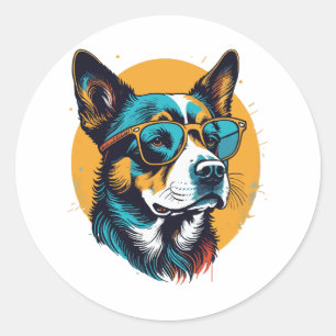 Retro hond die een zonnebril draagt ronde sticker