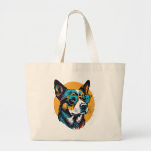 Retro hond draagt zonnebril grote tote bag