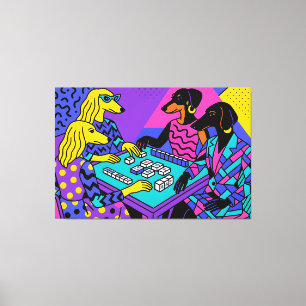 Retro honden die Mahjong spelen Canvas Afdruk