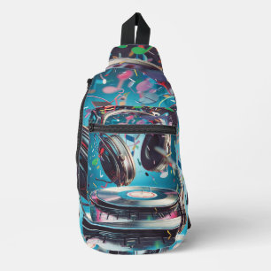 Retro hoofdtelefoon en vinyl digitale kunst sling bag