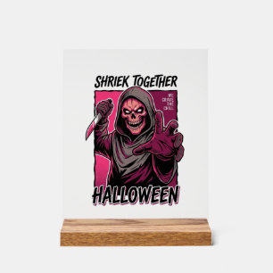 Retro Horror T-shirt met gegraveerde Slasher Hallo Acryl Bord
