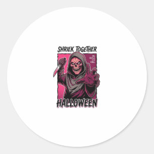 Retro Horror T-shirt met gegraveerde Slasher Hallo Ronde Sticker
