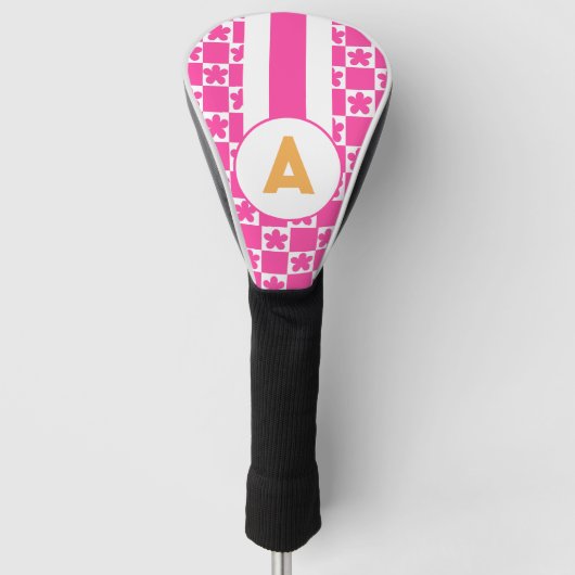 Retro Hot Pink Flower Monogram Golfheadcover (Voorkant)