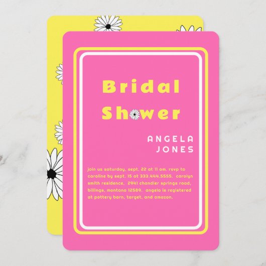 Retro Hot Roze/Gele Daisies Vrijgezellenfeest Invi Kaart (Voorkant / Achterkant)