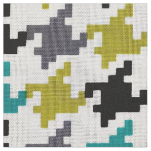Retro Houndstooth Grey Olive-Yellow Blauwgroen Bla Stof