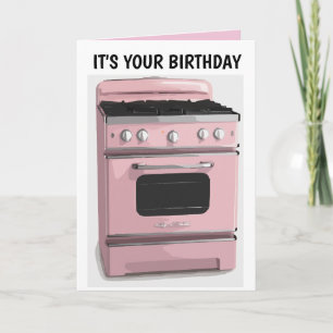 RETRO HOUSEWIFE PINK OVEN BIRTHDAY KAART