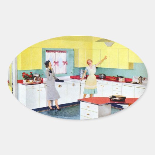 Retro Housewives in Kitchen Ovale Sticker (Voorkant)