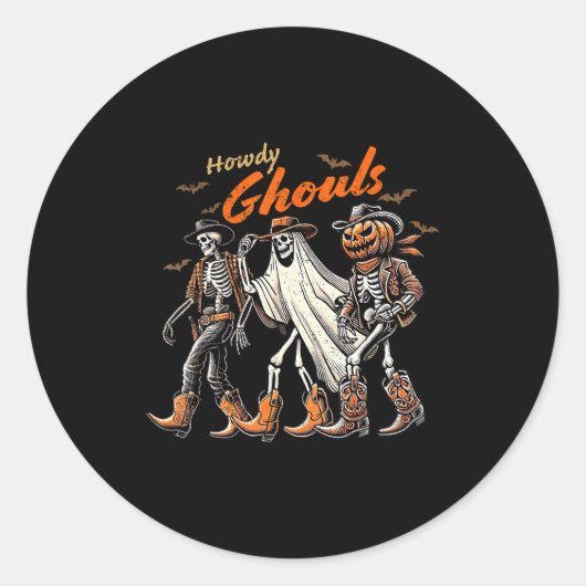 Retro Howdy Ghouls Skeleton Cowboy Western Rodeo H Ronde Sticker (Voorkant)