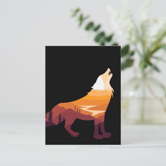 Retro Howling Wolf Landscape Wilderness Sunset Briefkaart (Staand voorkant)